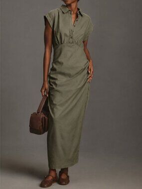 Anthropologie Olive Linen Blend Ruched Midi Dress M